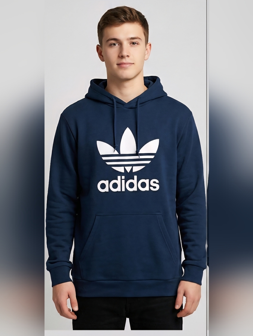 Men's Adidas Navy Hoodie Sweatshirt with White Trefoil Logo & Pockets Size Large